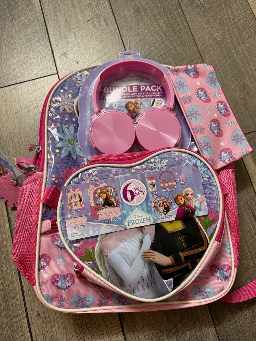 Disney Frozen Girls Pink and Purple Backpack Bundle with Headphones 6 pieces